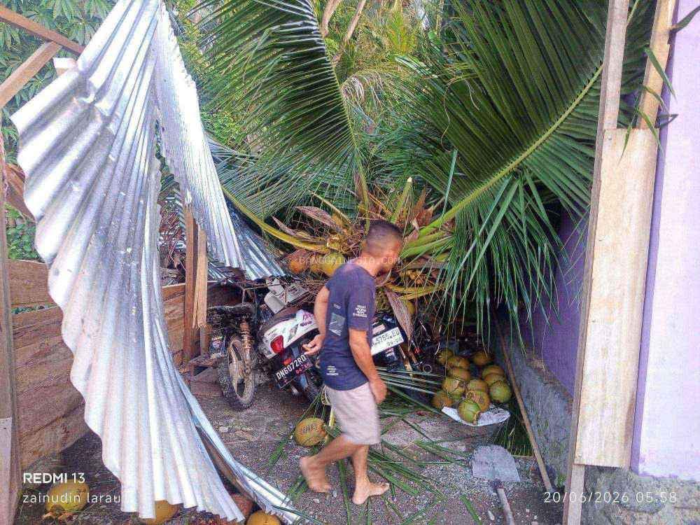 Pohon Kelapa Tumbang Timpa Rumah Warga di Balaang, Tiga Motor Rusak
